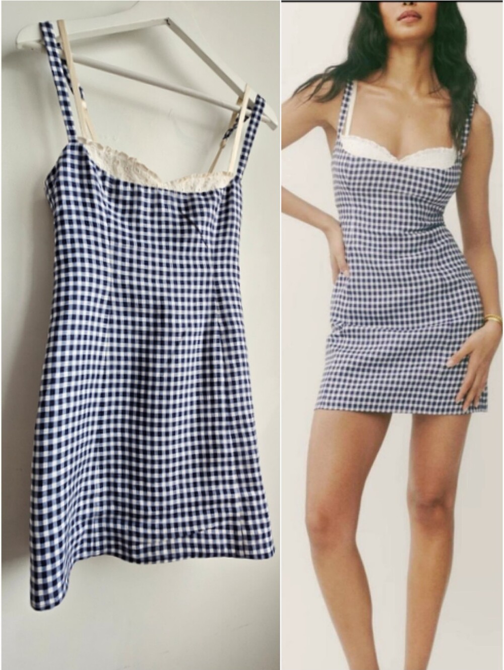 Reformation Navy & White Gingham Crochet Lace Mini Dress